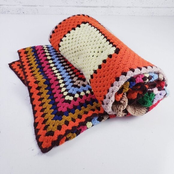 Vintage Multicolor Granny Square Knit Crocheted Afghan Throw Bedspread 68" x 83" - Picture 2 of 7